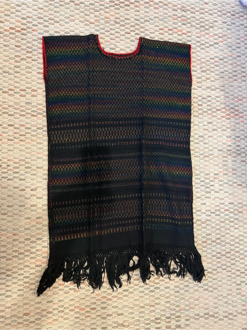 Oaxaca woven Black Fringe Poncho with Rainbow Stitching